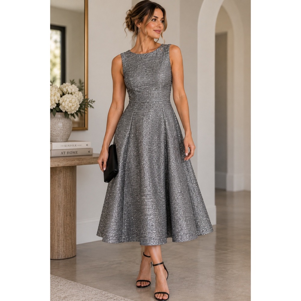 Lela Rose Silver Metallic Sleeveless A-Line Midi Dress